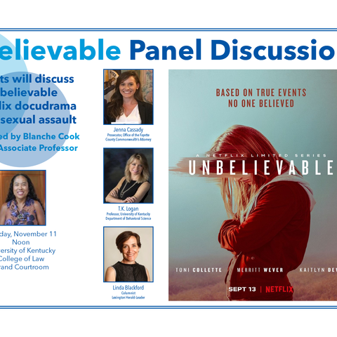 Panel flyer featuring panelists headshots, names and titles as well as the Netflix poster for "Unbelievable/"