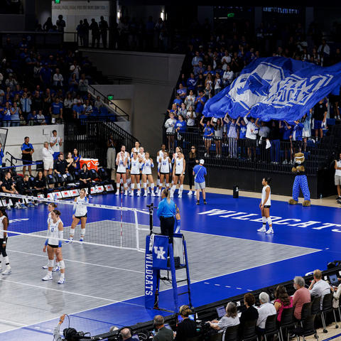  Fans hold large blue Kentucky Wildcats flags in the stands as UK volleyball players stand on the court.