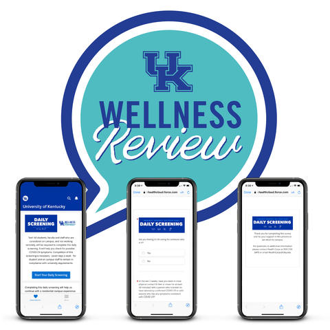 photo of daily screening questionnaire on cell phones with writing "UK Wellness Review"