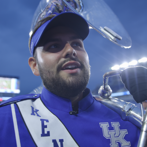 Carson Kitts, with his sousaphone, takes to the field before a recent University of Kentucky Football game. | Benjamine Branscum, UK Video 