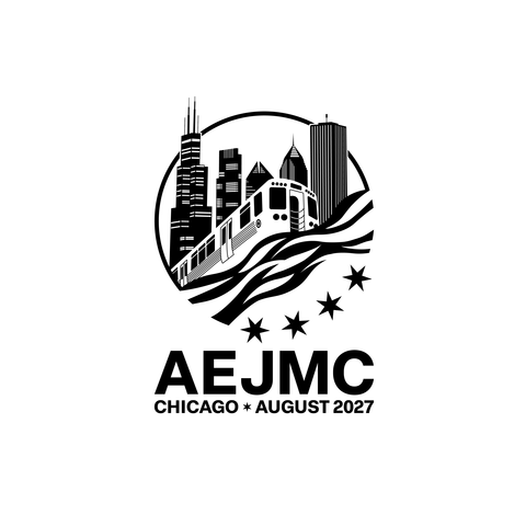 Black-and-white AEJMC logo featuring Chicago’s skyline, a train, wavy stripes and four stars above the text “AEJMC Chicago • August 2027.”