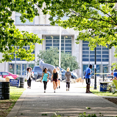 students walking on campus during first day of class