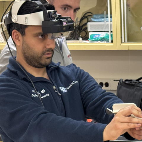 The technology is a wearable headpiece system that delivers real-time, hand-free surgical guidance while performing procedures like shoulder replacements. Photo provided by Dr. Kamineni.