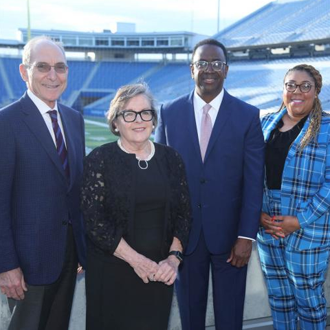 L-R: UK President Eli Capilouto, UK CAFE Dean Nancy Cox, Jim Coleman, UK Associate Dean of Diversity, Equity and Inclusion Mia Farrell and Kentucky Commissioner of Agriculture Ryan Quarles. Photo by Matt Barton, UK Agricultural Communications Specialist