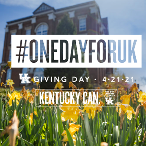 graphic with photo of Main Building with yellow daffodils in front and writing that says "#onedayforuk. UK Giving Day. 4-21-21"